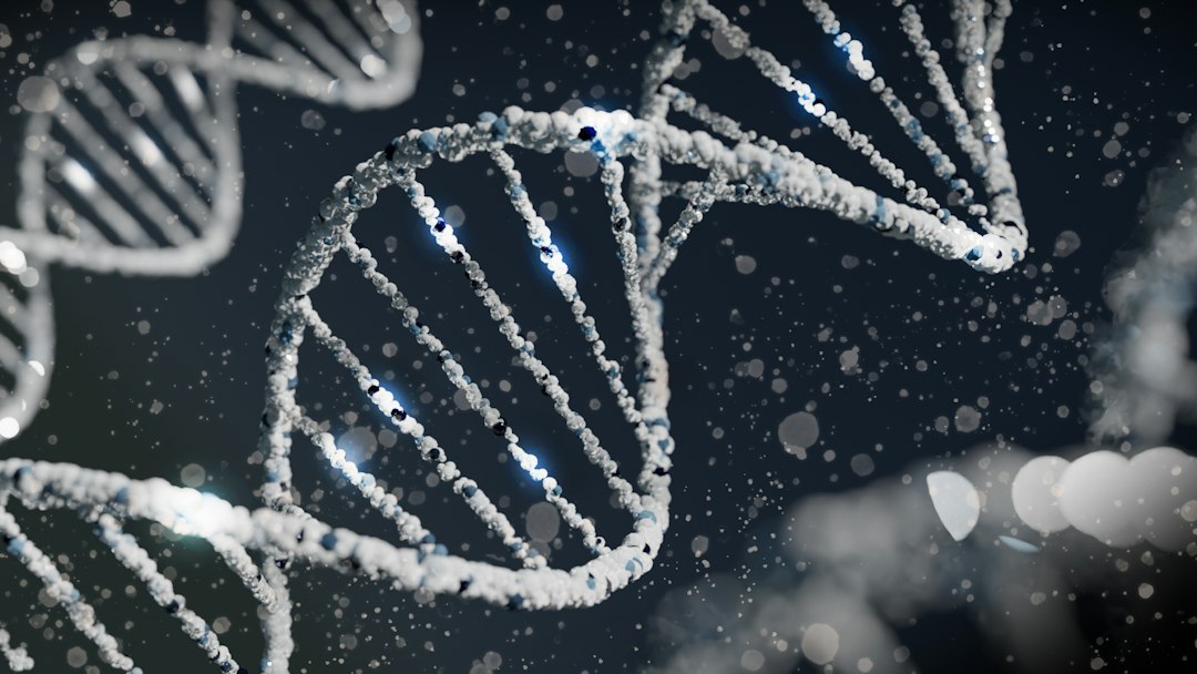 A glowing white DNA double helix structure floating against a dark background